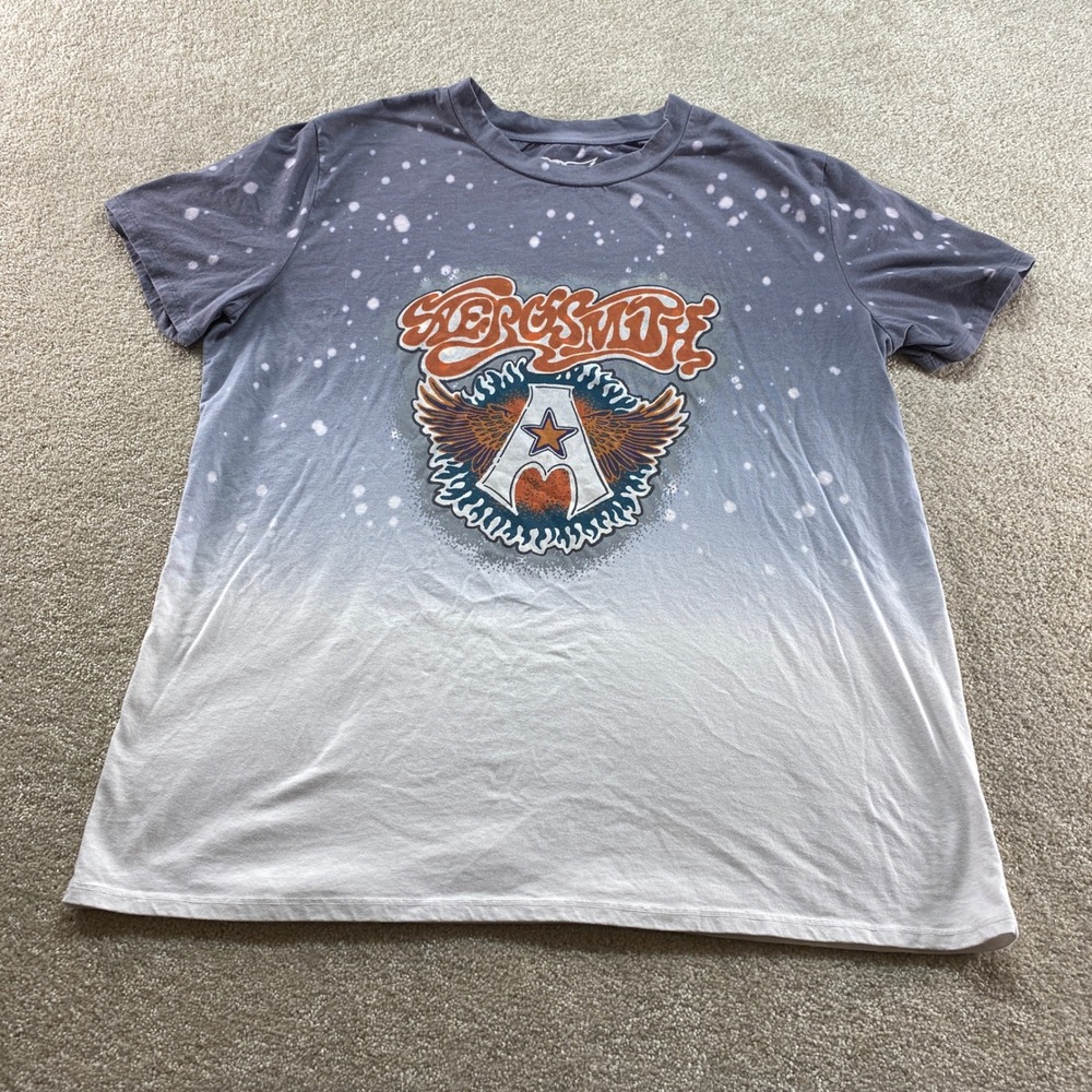 Aerosmith Shirt Mens Large Grey White Ombre Bleach Splatter 2023 Band Graphic